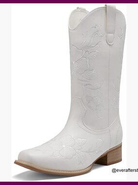 Faux Leather Western Boots with Floral Embroidery, Square Toe, Mid-Calf